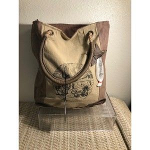 BOHO Vintage MYRA Genuine Leather & Cactus Print Pattern Repurposed Tote Bag